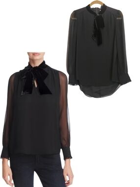 Kate Spade Silk Chiffon Blouse Black Velvet Neck Tie Sheer Long Sleeve Small